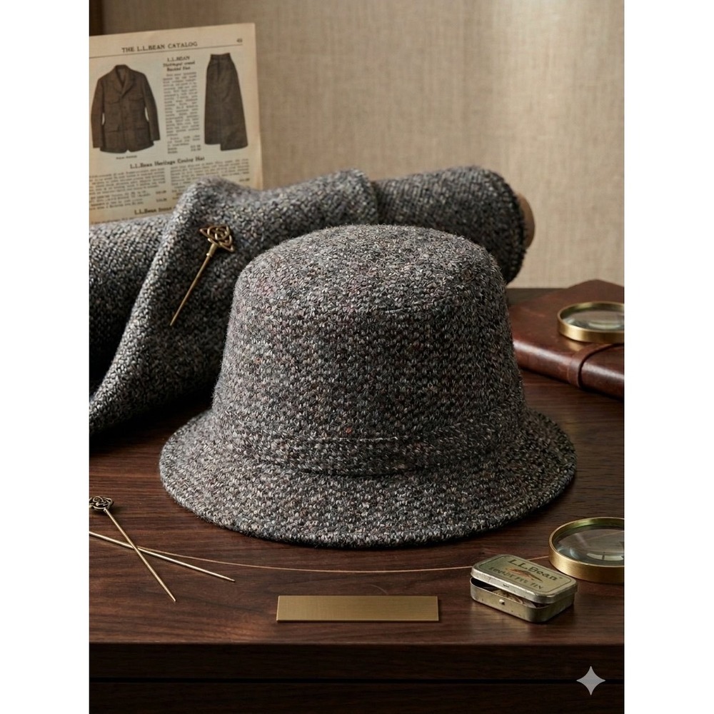 LL Bean Bucket Hat M Grey Harris Tweed GORE-TEX Waterproof Wool Hat Outdoor